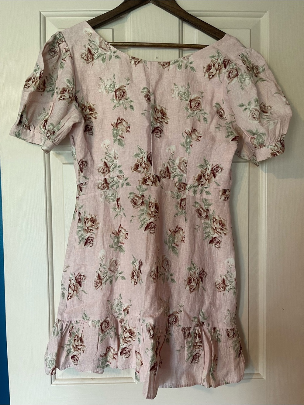 LoveShackFancy Pink Floral Linen Mini Dress Puff Sleeve Bow Detail Size Large - Picture 9 of 11